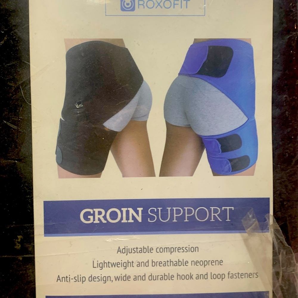 Groin support. Adjustable compression, lightweight and breathable neoprene.